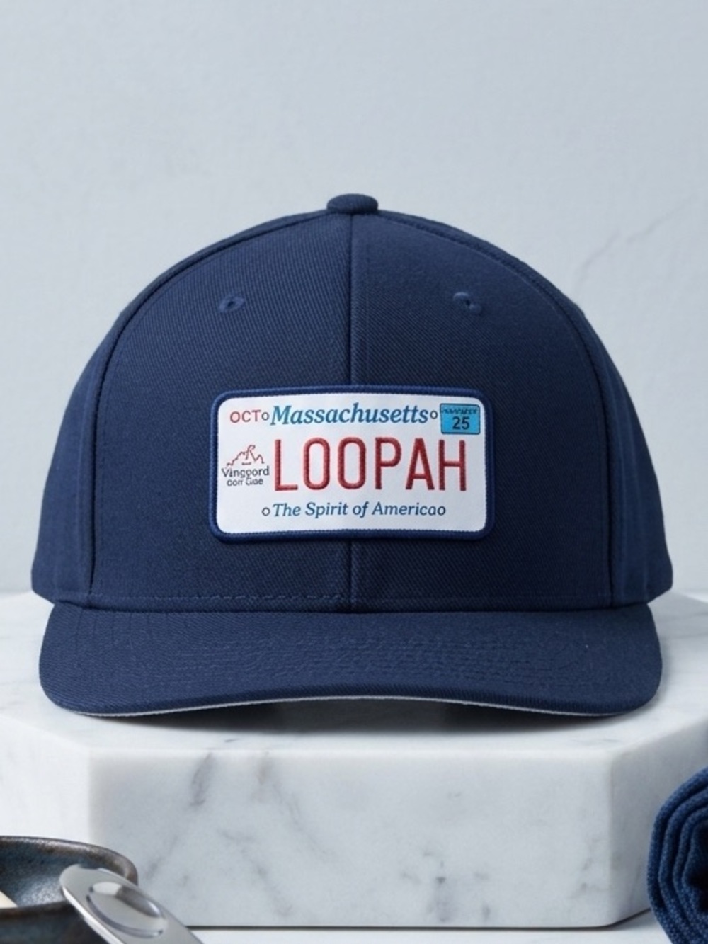 Greyson Navy Baseball Cap with 'Loopah' MA License-Plate Patch - NWOT